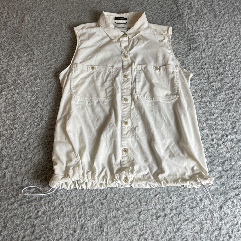 Eddie Bauer Womens PS White Sleeveless Button Down Tech Shirt Drawstring Hem